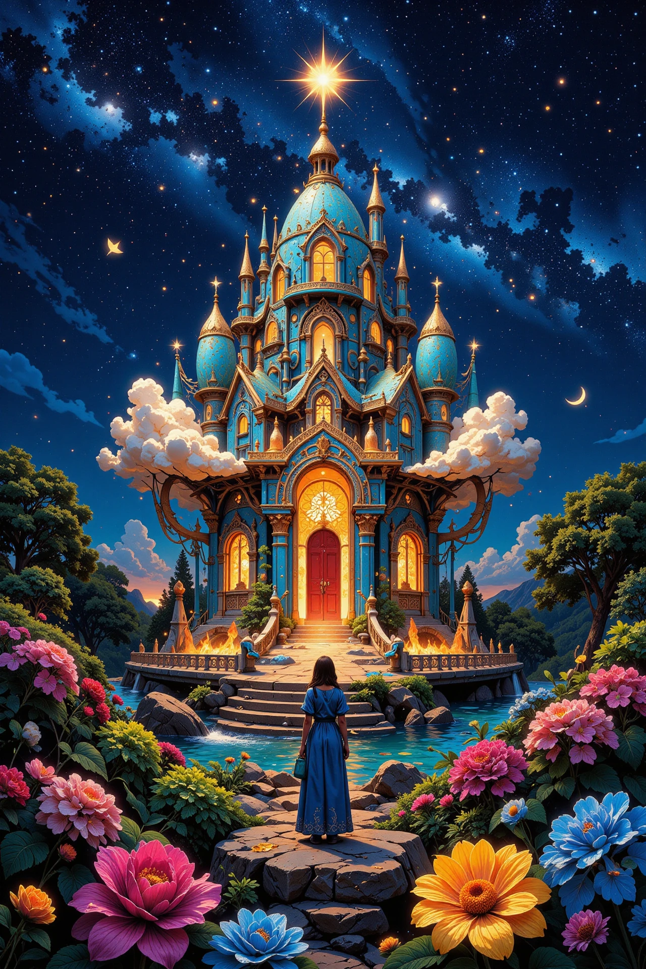 The Palace of Dreams beautiful  landscape, bright luminous starry night, woman, very intricate, very detailed, sharp, bright, colorful, <lora:Hand v2:0.5> <lora:Anti-Blur:1><lora:Insane Detail Slider:0.25>  <lora:flux.1_lora_flyway_Epic-detail_v2:0.3> <lora:fluxenhancer:0.25>  <lora:Anime art - Variant 1:1>
