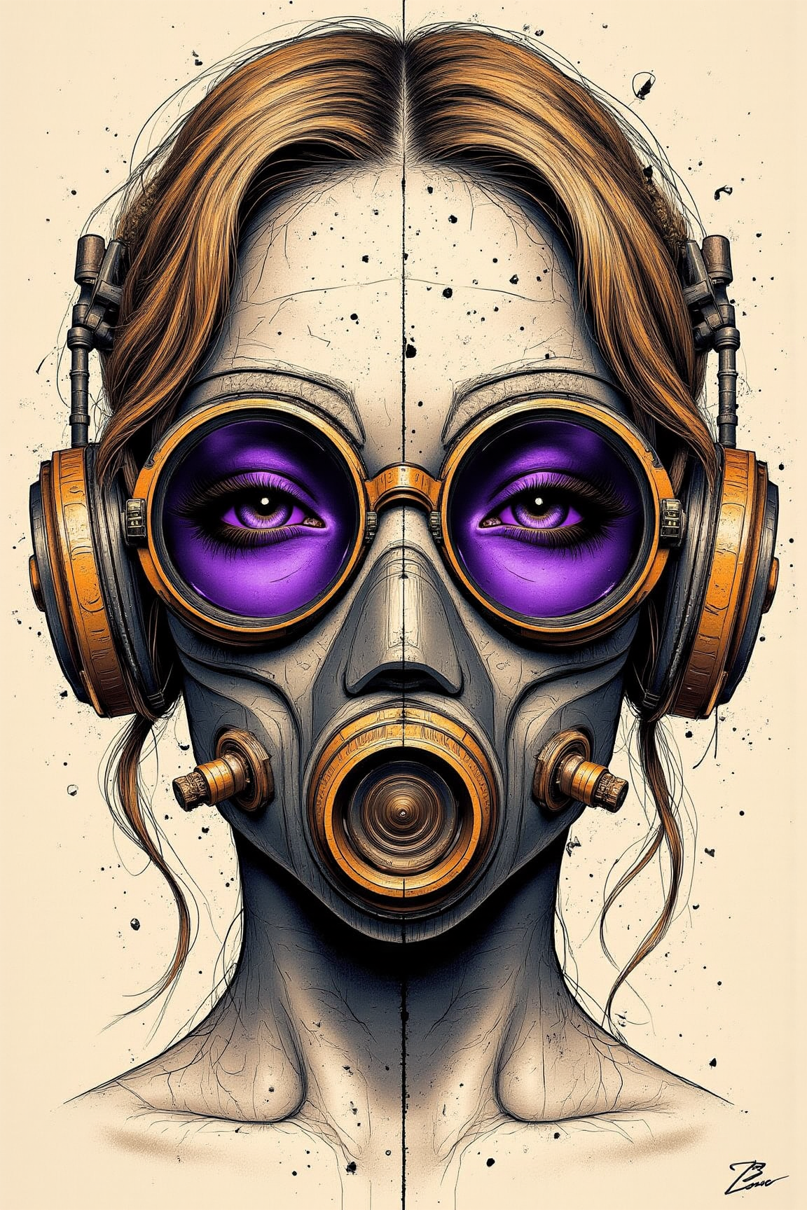 hidden bihind a , 1970s comic book style drawing of a woman with a futuristic gas mask, dark purple lenses and art Deco frames