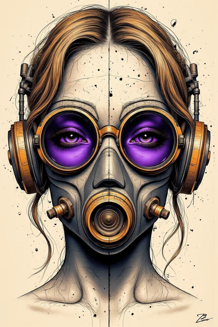 hidden bihind a , 1970s comic book style drawing of a woman with a futuristic gas mask, dark purple lenses and art Deco frames