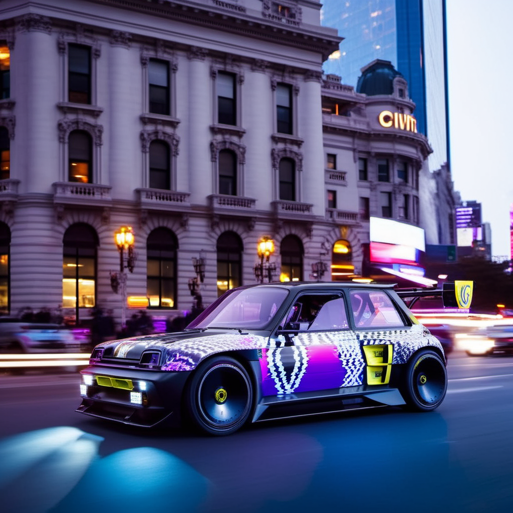 Long exposure photo of cinematic photo Long exposure photo of R5e1024, an pearly purple electric rally, car, text ''CivitAI", new york, neon ligths, photography, ultra sharp, film, professional, 64k <lora:add-detail-xl:1.5>  <lora:R5Turbo3E-1024-000235:0.8> . Blurred motion, streaks of light, surreal, dreamy, ghosting effect, highly detailed