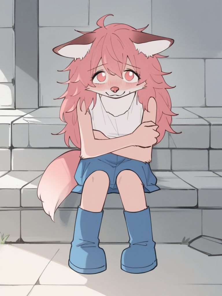 score_9, score_8_up, score_7_up, source_anime, BREAK
looking at viewer,  <lora:Furr:1> p1nkfurr, pink hair, pink fur, white fur, two-tone fur, furry female, furry, pink eyes, long hair, dog ears, dog tail, white vest, no sleeves, blue skirt, blue boots,