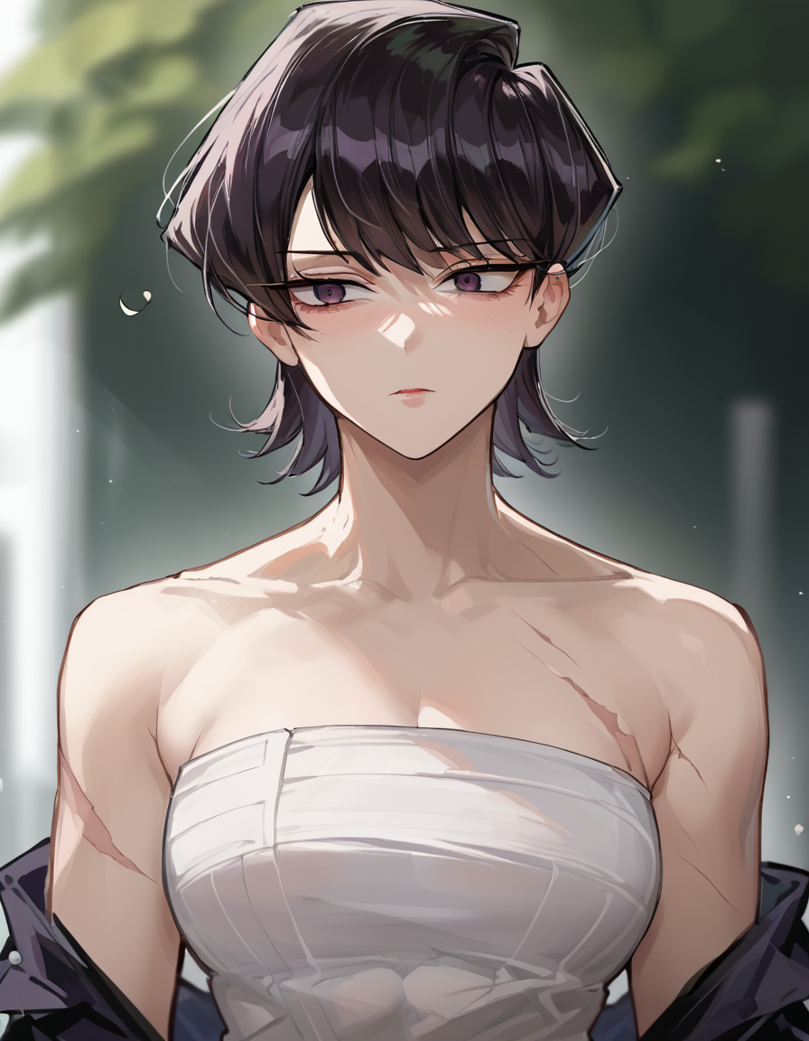 score_9, score_8_up, score_7_up, source_anime, upper body,  blurred background, 1girl, short hair, black hair, scars, remsrar, komi shouko, <lora:remsrar:0.9>