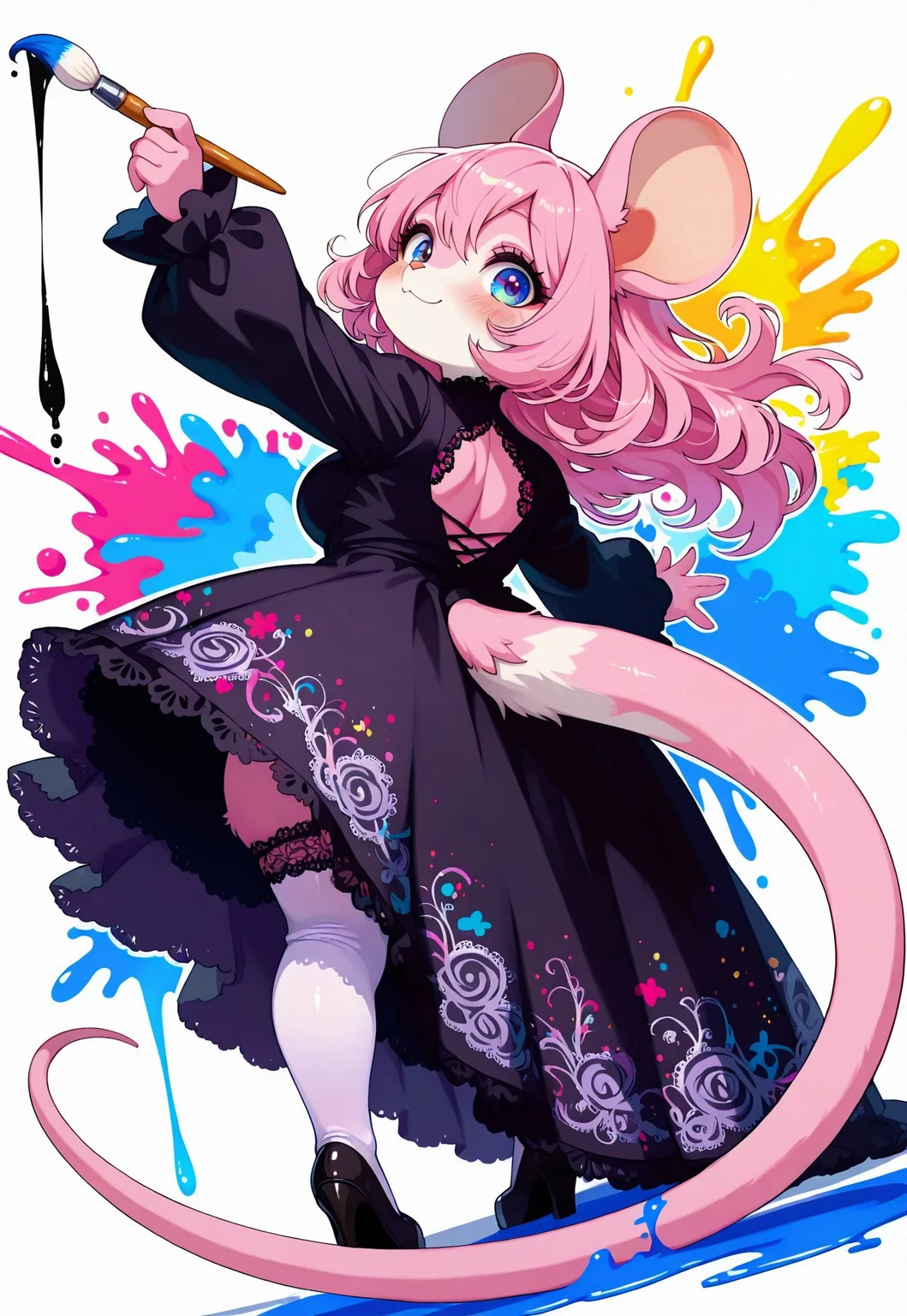 score_9, score_8_up, score_7_up, masterpiece ,amazing quality, intricate details, watercolors, sometyome_illu, xxx667_illu, reij-incs, neon colors, colors splash effect, silhouette character, black ink, neon colors, colors splash effect, flowing hair, swirling colors, color explosion, paint splashing around, white outline, cute rat girl, furry, pink fur, long tail, furry:1.2, Cartoon_Type, curvy, fluffy1.3, shortstack, lace styled dress, black dress, couture fashion, holding paintbrush, painting , thick white outline, back to viewer, reaching overhead, slightly chubby, from behind, white lace, thigh garter, face focus, fabric, intricate lace, intricate details:1.2, long dress, flowing dress, dripping with paint, stockings, standing upright, pigeon toed, heavy blush, happy, Enchanting Eyes, countershade fur, stylish, pose, extremely detailed, high quality, cute background, dynamic angle,