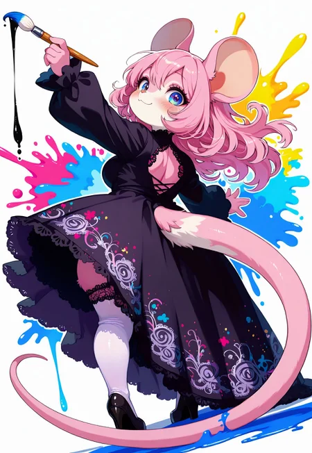 score_9, score_8_up, score_7_up, masterpiece ,amazing quality, intricate details, watercolors, sometyome_illu, xxx667_illu, reij-incs, neon colors, colors splash effect, silhouette character, black ink, neon colors, colors splash effect, flowing hair, swirling colors, color explosion, paint splashing around, white outline, cute rat girl, furry, pink fur, long tail, furry:1.2, Cartoon_Type, curvy, fluffy1.3, shortstack, lace styled dress, black dress, couture fashion, holding paintbrush, painting , thick white outline, back to viewer, reaching overhead, slightly chubby, from behind, white lace, thigh garter, face focus, fabric, intricate lace, intricate details:1.2, long dress, flowing dress, dripping with paint, stockings, standing upright, pigeon toed, heavy blush, happy, Enchanting Eyes, countershade fur, stylish, pose, extremely detailed, high quality, cute background, dynamic angle,
