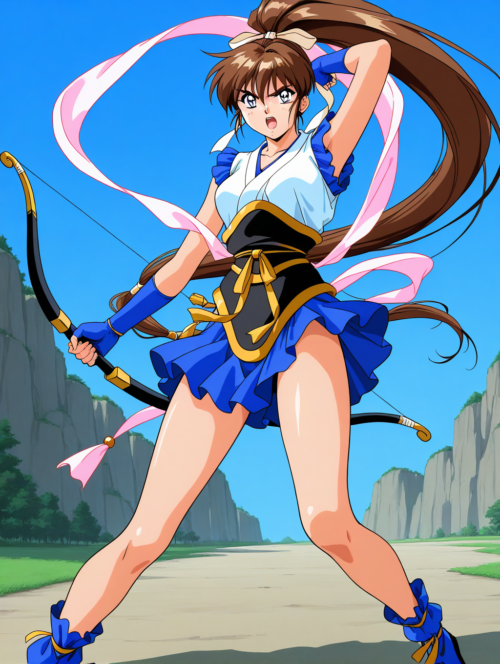 general,highres, ultra-detailed,very aesthetic,best quality ,best hands,  BREAK <lora:Amatsu_Ai_IS:1>Amatsu_Ai, brown hair, ponytail, very long hair, ribbon, hair ribbon, hair bow, breasts, blue eyes, bangs, purple eyes, high ponytail, 1990s \(style\),anime coloring, BREAK, hagoromo, blue gloves, fingerless gloves, full body, shoes, serious face, fighting pause, bow (weapon), 
sash, skirt, open mouth, japanese clothes, obi, head out of frame, thighs, sleeveless,  collarbone, arm up,  blue skirt,
sky, day,
