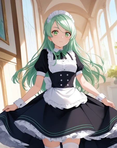 score_9,score_8_up,score_7_up,score_6_up,source_anime,rating_explecit,masterpiece,best quality,8k,8k UHD,ultra-high resolution,ultra-high definition,
<lora:Sayo_v1:1>,sayo,(Hikawa Sayo:1.1),Green eyes,Light green hair,long hair,1girl,incredibly absurdres,
maid,white_thighhighs,