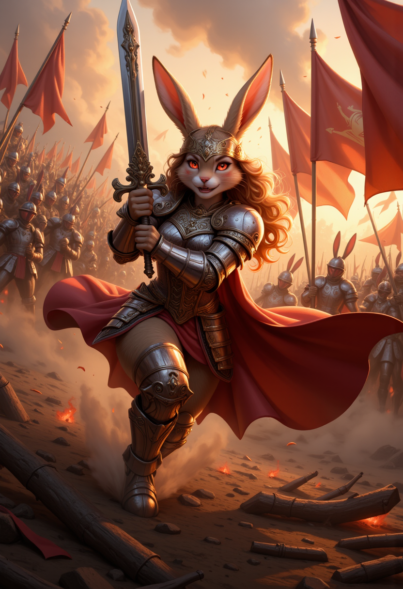 FurFemX. The image is a dramatic digital artwork in a high-fantasy, semi-realistic style, depicting a rabbit warrior queen, her massive greatsword raised mid-strike, flames reflecting in its ornate silver blade. Her fur is a regal shade of golden bronze, her long ears adorned with battle-worn silver rings, fluttering like banners in the wind. She wears full plate armor with intricate engravings, a flowing crimson cape trailing behind her as she charges through a battlefield of fallen knights. Arrows rain down from the sky, yet she moves with supernatural speed, her fiery red eyes locked onto the enemy general ahead. The air is thick with smoke, the ground littered with shattered weapons, and behind her, an army of rabbit warriors roars, their banners waving in the burning twilight.