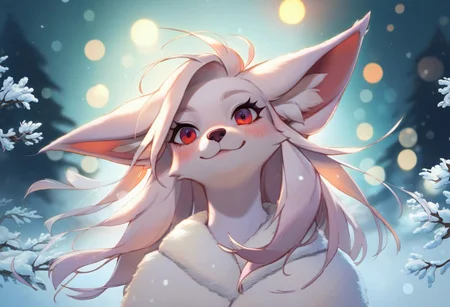 score_9_up, score_8_up, score_7_up, source_furry, fox female, portrait, solo, white fur, furry, red eyes, big ears, winter background, falling snow, white long hair, blush, smirk, hair blown by the wind, atmospheric lighting, bokeh,