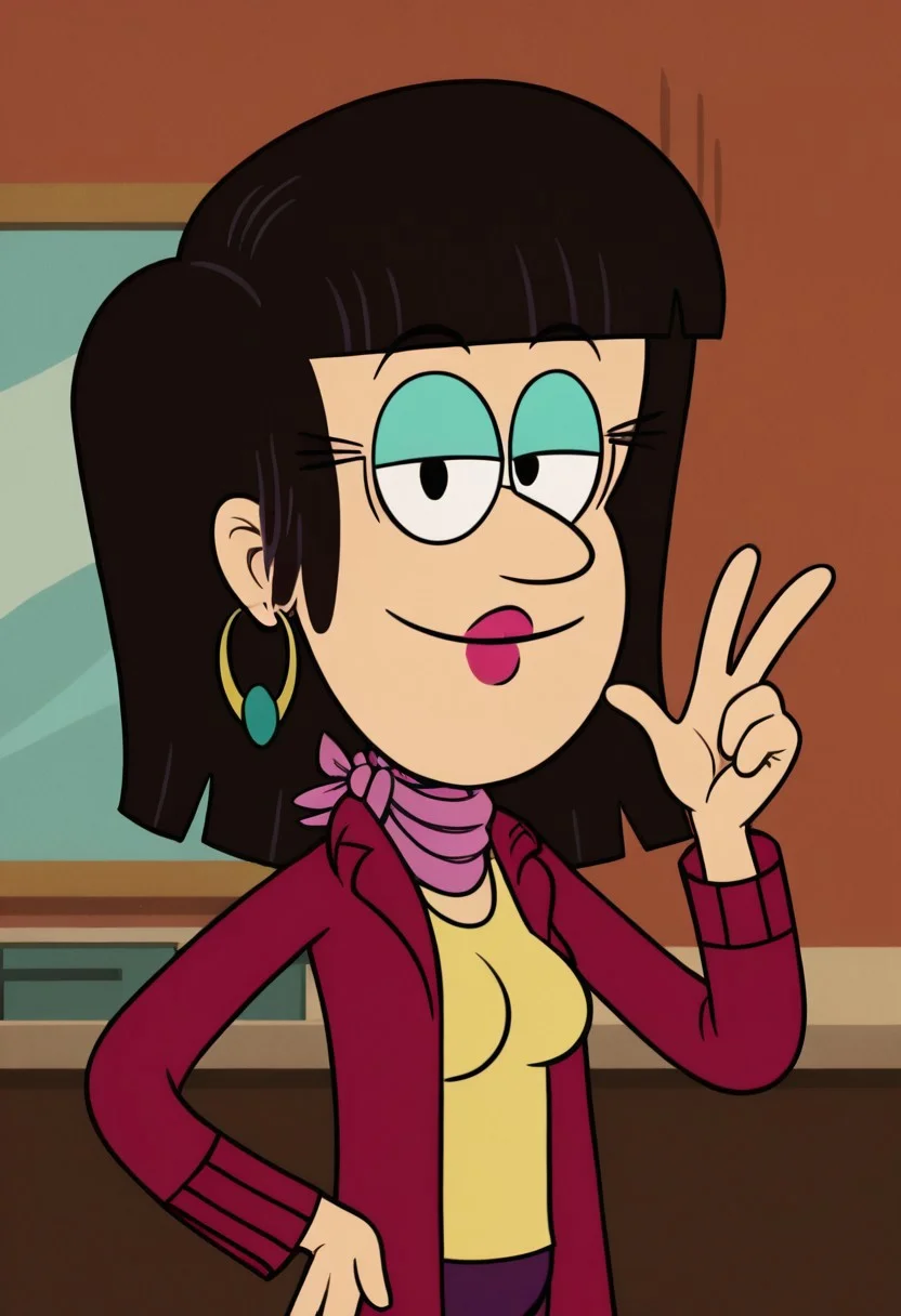 ((room background)),score_9, score_8_up, score_7_up,score_6_up,
1girl, solo, Mrs.Bernard_TLH, light skin, black hair, turquoise eyeshadow, eyelashes, black eyes, shoulder long hair, fuchsia lips, golden circular, pink scarf, yellow tank top, fuchsia plum coat, purple pants, black flat shoes, tall, social smile, perfect eyes, perfect smile, looking at the viewer, detailed eyes, perfect eyes, standing, big breasts (front pose, bust shot) five fingers, perfect hands, (hand on hip, hand up)