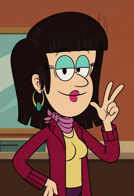 ((room background)),score_9, score_8_up, score_7_up,score_6_up,
1girl, solo, Mrs.Bernard_TLH, light skin, black hair, turquoise eyeshadow, eyelashes, black eyes, shoulder long hair, fuchsia lips, golden circular, pink scarf, yellow tank top, fuchsia plum coat, purple pants, black flat shoes, tall, social smile, perfect eyes, perfect smile, looking at the viewer, detailed eyes, perfect eyes, standing, big breasts (front pose, bust shot) five fingers, perfect hands, (hand on hip, hand up)