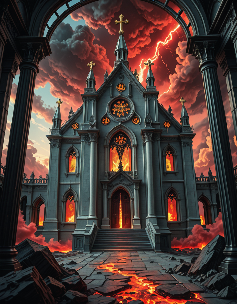 A once-majestic celestial temple, now under siege by the forces of Hell. The grand white stone structure is cracked and scorched, its golden crosses twisted and broken. The stained-glass windows, once glowing with warm divine light, are now shattered, with demonic symbols glowing ominously in their place. The sky, once a serene blue, is now consumed by dark storm clouds, swirling with red lightning and thick smoke.
Black, jagged chains extend from the sky, wrapping around the temple as if trying to pull it down into the abyss. The once-fluffy clouds beneath the structure are now a chaotic mix of fire, ash, and dark mist, with glimpses of molten lava cracks below. Infernal creatures with glowing red eyes lurk in the shadows, their silhouettes barely visible through the smoke and fire.
The temple doors are blown open, revealing an eerie red glow emanating from within, as if Hell itself is consuming the sacred space. Massive demonic runes are etched into the stone, pulsating with an unholy energy. The entire scene is bathed in a deep crimson and orange glow, giving it an apocalyptic and nightmarish atmosphere.
Style & Lighting:
- Dark fantasy, highly detailed
- Dramatic, high-contrast lighting with fiery glows
- Cinematic composition, epic scale
- Strong use of shadows, embers, and atmospheric foghighly detailed and atmospheric view from inside a massive birdcage, large enough for a human to stand inside. The cage is made of ornate, aged metal bars with intricate Victorian-style patterns, curving elegantly towards the domed ceiling. Sunlight filters through the gaps between the bars, casting long, dramatic shadows on the wooden floor. Delicate vines and small flowers have begun to grow around the bars, adding a touch of nature reclaiming the space. The background beyond the cage is blurred, hinting at a lush garden or a mysterious, abandoned mansion. The ambiance is serene yet slightly melancholic, with warm golden light illuminating dust particles floating in the air. Soft feathers are scattered on the floor, adding to the sense of quiet abandonment. The perspective makes the viewer feel as if they are inside the cage, looking outward, surrounded by both beauty and confinement. The style is highly detailed and realistic, with a cinematic and slightly surreal atmosphere.
<lora:SDXLFaeTastic2400:0.4> <lora:extremely_detailed:0.4> extremely detailed, <lora:evil_celestial_t3mpl3-i:1>,evil celestial t3mpl3, Masterpiece,best quality,hi res,8k,hi res,8k,award winning,(sharp focus, intricate, highly detailed),