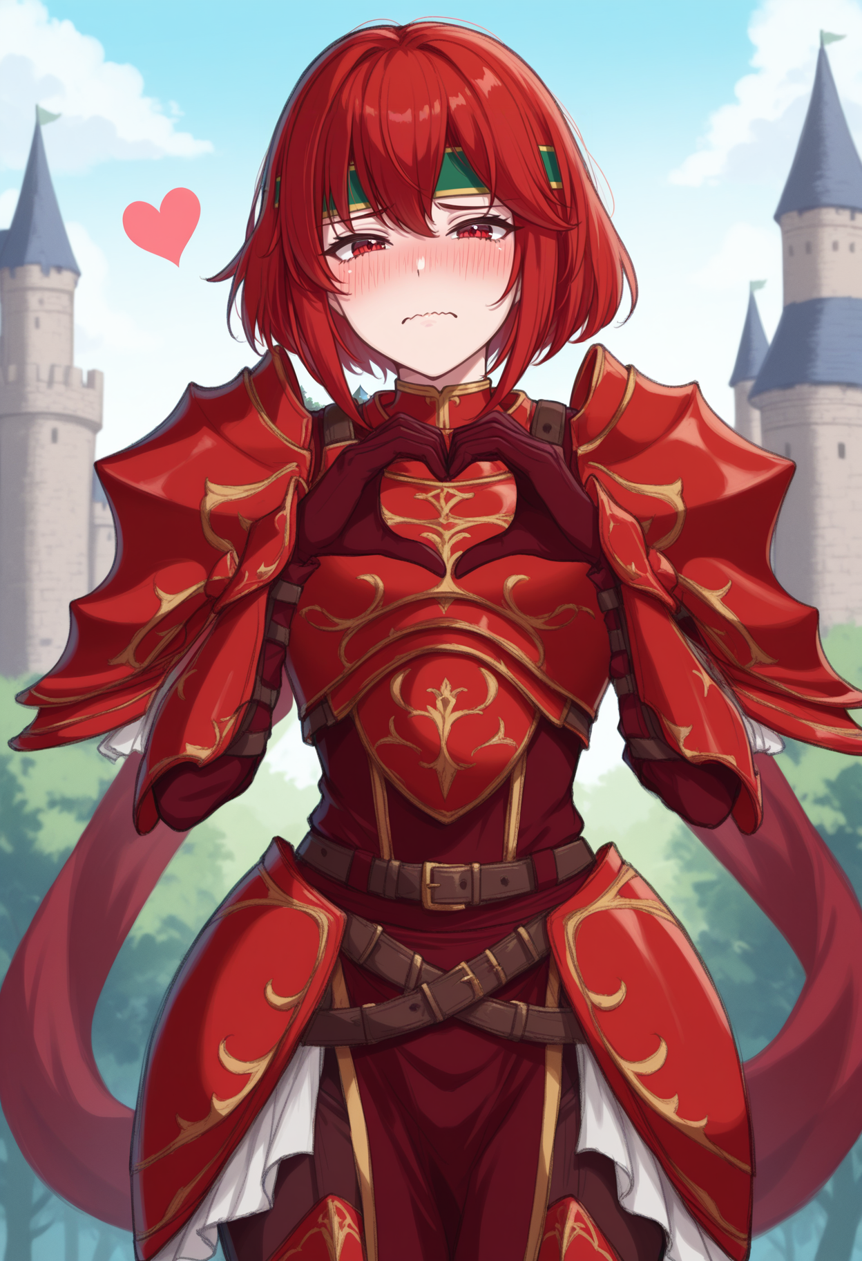masterpiece, best quality, 1girl, solo,  <lora:NSMinervaFESD:1> NSMinervaBase, red eyes, red hair, short hair, green headband, red armor, breastplate, gold trim, shoulder armor, multiple belts, scarf, brown pants, hip armor, armored boots, gloves, pelvic curtain, looking at the viewer, frown, heavy blush, heart-hands, outdoors, castle, shy, frown, wavy mouth