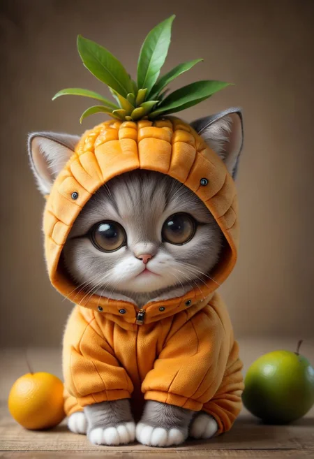 An award winning photo , a cute little baby cat,sitting around in a mango costume, (fruit) , (((cuteness overload))) <lora:add-detail-xl:1>,  <lora:WowifierXL-V2:1>, zhibi