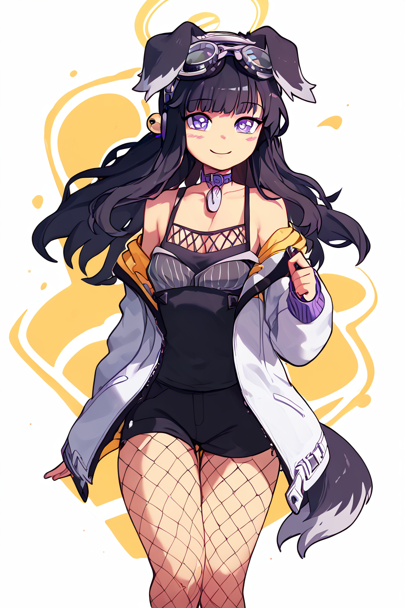 score_9, score_8_up, score_8, medium breasts, (curvy), cute, eyelashes,       BREAK, , ,,, zzHibiki, yellow eyes, black hair, long hair, animal ears, dog ears, dog tail, halo, (black shirt), white jacket, open jacket, black shorts, boots, fishnet pantyhose, off-shoulder, dog tags, purple eyes, <lora:Hibiki_BlueArchive_PDXL_v2:0.8>,   ,,,, BREAK, wide hips, smile, looking at viewer, cowboy shot, ,,, embedding:zPDXL, Expressiveh, ,,, <lora:SweetCAT_PDXL:1.0>, <lora:SDXLFaeTastic2400:0.5>, <lora:Expressive_H-000001:0.4>,