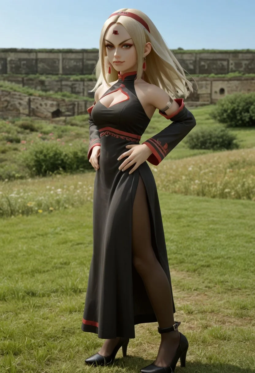 score_9, score_8_up, score_7_up,source anime,highly detailed, from side, looking at viewer, faina,1girl,solo,detached sleeves,dress,red eyes,black dress,forehead mark,long hair,jewelry,blonde hair,earrings,cleavage cutout,pantyhose,high heels, outdoor, sky, grass field,