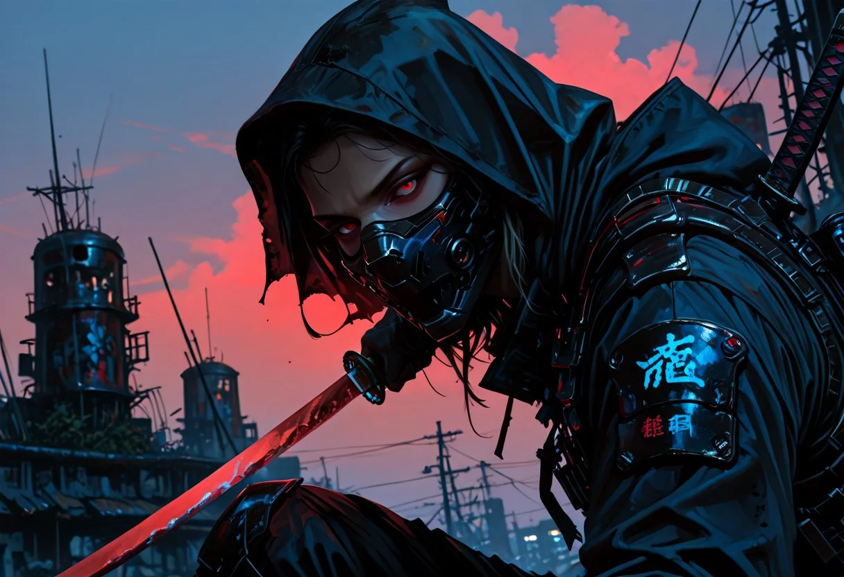 masterwork, masterpiece, best quality, detailed, depth of field, , high detail, best quality, very aesthetic, 8k, photorealistic, realistic skin, deep colour, high contrast, hyperdetailed, matte digital painting, trending on artstation, sharp edges, precise, clear focus, detailed face, closeup, face focus, sideview, wide shot, looking at viewer,
futuristic, gritty.
line art, ink art of a woman, solo, soldier, enigmatic, (glowing red eyes), matte black modular suit of armor, molded armour, whole body protection, heavy boots, holding a katana, blue glowing blade, ready to fight, fighting stance. Deep hood, black face mask, pale skin,
background war-torn urban landscapes, dramatic lighting, dynamic angle, whole body, face focus, high contrast, deep shadows, distant fires, smoky sky, matte painting,
STP-Illu