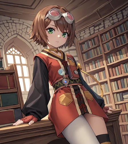 score_9, score_8_up, score_7_up, score_6_up, score_5_up, score_4_up, BREAK source_anime,
1girl, solo, <lora:RitaMordio:0.9>, Rita Mordio, green eyes, brown hair, short hair, flat chest, goggles on head, choker, red dress, black sleeves, fingerless gloves, single leg pantyhose, asymmetric legwear, boots,
inside fantasy library, books, stone walls, table,
looking at viewer, cowboy shot,,
<lora:rhasta:1>,