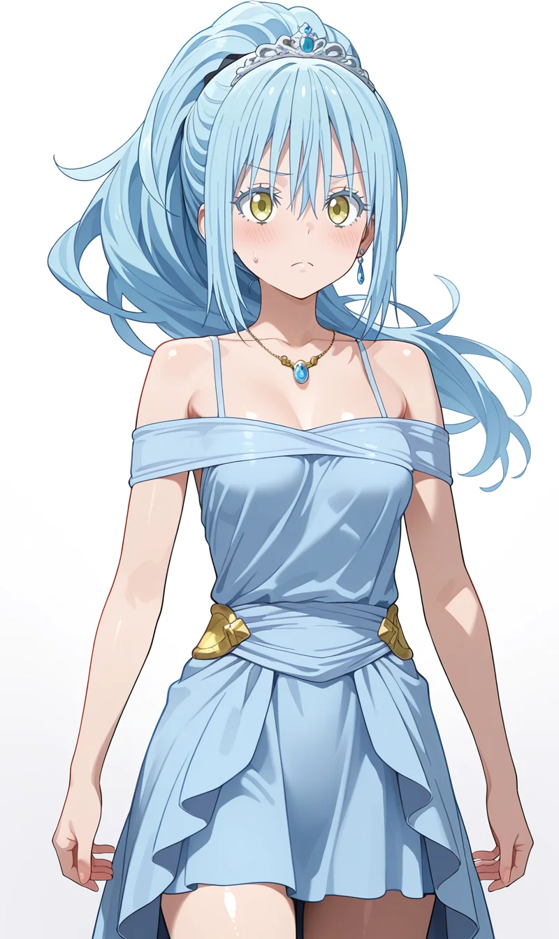 (masterpiece),best quality,amazing quality,very aesthetic,absurdres,newest,perfect body,shiny skin,perfect eyes,detail1eye,
rimuru tempest, sunakku, 1girl, medium breasts,blue hair, long hair, jewelry, yellow eyes, necklace, hair between eyes, solo, closed mouth, floating hair, bangs, tiara, shiny, shiny hair, blush, collarbone, blue dress, dress, cowboy shot, sweatdrop, frown, indooes, gem, earrings, bare shoulders, sleeveless, ponytail, high ponytail
<lora:rimuru_sunakku_ILXL:1>