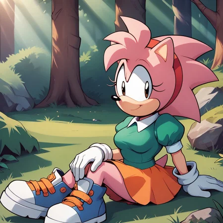 score_9, score_8, BREAK, solo, Classic Amy, sonic \(series\), solo girl, green dress top, white gloves, animal ears, black pupils, pink, white shoes, short puffy sleeves, white collar, red hairband, orange skirt, animal nose, two-tone fur, pink fur, adult, breasts, sexy pose, self portrait, smile, outdoors, sunlight, shadows, evening lighting, natural lighting, forest, trees, grass, orange sky, sunset