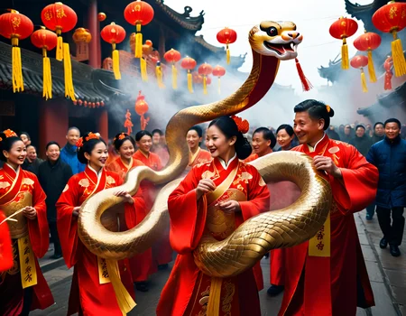 	In the magic of the Chinese New Year 2025, the Year of the Snake emerges in splendor. The streets are adorned with golden streamers, symbols of wisdom and renewal. Dancers in shimmering costumes weave to the beat of drums, while incense fills the air. Families exchange red envelopes, hoping for luck and prosperity, celebrating a radiant future together