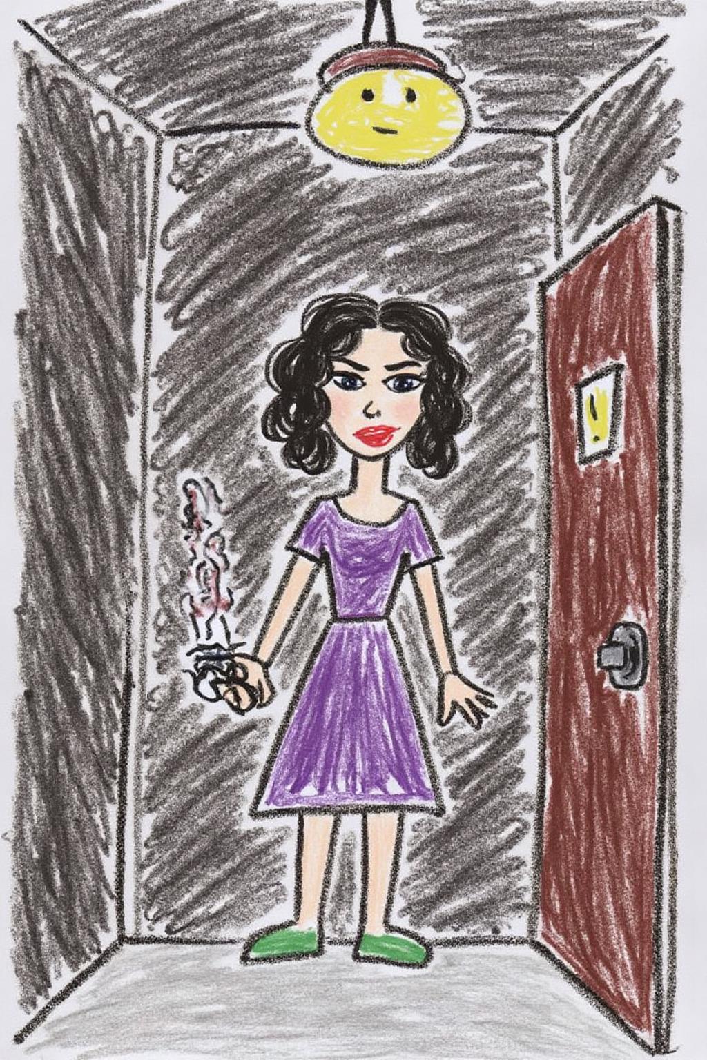 This is a colorful, whimsical drawing, depicting a simple, childlike illustration.
a mysterious woman with dark, wavy hair and piercing eyes stands in the shadows of a dimly lit room. She is holding a small revolver with a delicate yet firm grip. Her red lipstick is the only color that stands out in the darkness, her intentions unclear but dangerous. <lora:5yocrayon1_cap_d6a3e12:1.0><lora:822099157834728980:0>