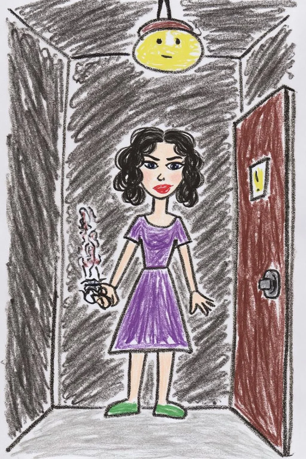 This is a colorful, whimsical drawing, depicting a simple, childlike illustration.
a mysterious woman with dark, wavy hair and piercing eyes stands in the shadows of a dimly lit room. She is holding a small revolver with a delicate yet firm grip. Her red lipstick is the only color that stands out in the darkness, her intentions unclear but dangerous. <lora:5yocrayon1_cap_d6a3e12:1.0><lora:822099157834728980:0>