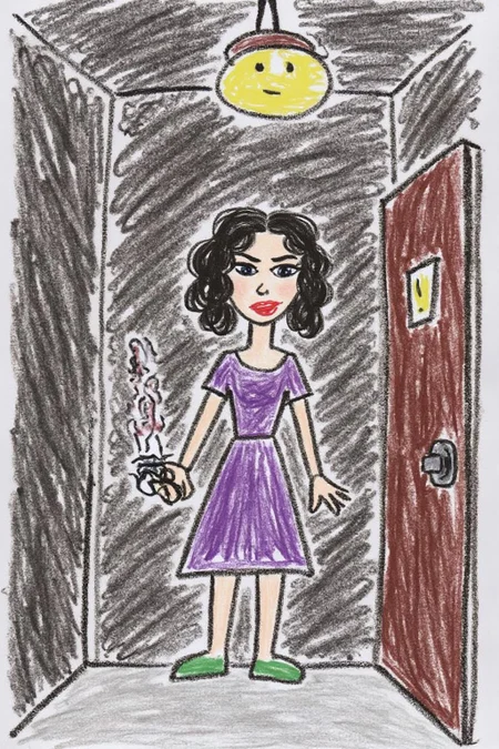 This is a colorful, whimsical drawing, depicting a simple, childlike illustration.
a mysterious woman with dark, wavy hair and piercing eyes stands in the shadows of a dimly lit room. She is holding a small revolver with a delicate yet firm grip. Her red lipstick is the only color that stands out in the darkness, her intentions unclear but dangerous. <lora:5yocrayon1_cap_d6a3e12:1.0><lora:822099157834728980:0>