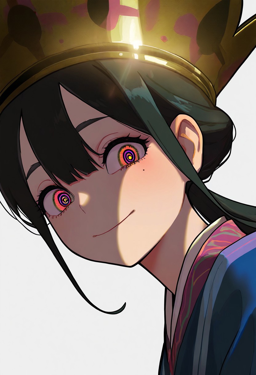 masterpiece, best quality, very aesthetic, high resolution, ultra-detailed, absurdres, newest, extremely detailed eyes, beautiful, perfect lighting, hi res, amazing quality, very awa, Brightly Lit, Highly Visible, 8k, sharp focus, beautiful, perfect lighting, volumetric lighting, scenery, painting_(artwork), COOLSY, MXSTL, 1girl, black hair, white background, smile, looking at viewer, simple background, japanese clothes, glint, bangs, long hair, upper body, kimono, sidelocks, crown