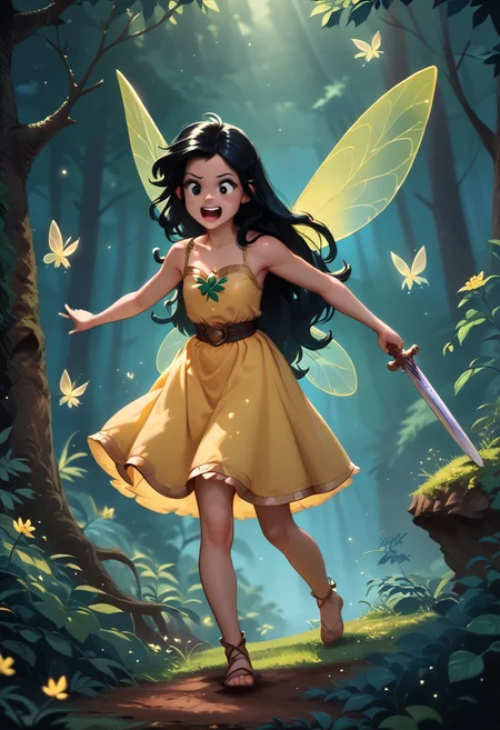 score_9, score_8_up, score_7_up, score_6_up, score_5_up, score_4_up masterpiece, high quality, a girl fighting a giant rat in a magical forest, wooden sword and shield in hand,cute, black long hair, yellow dress,Fairy Wings , j_huiben, source_cartoon