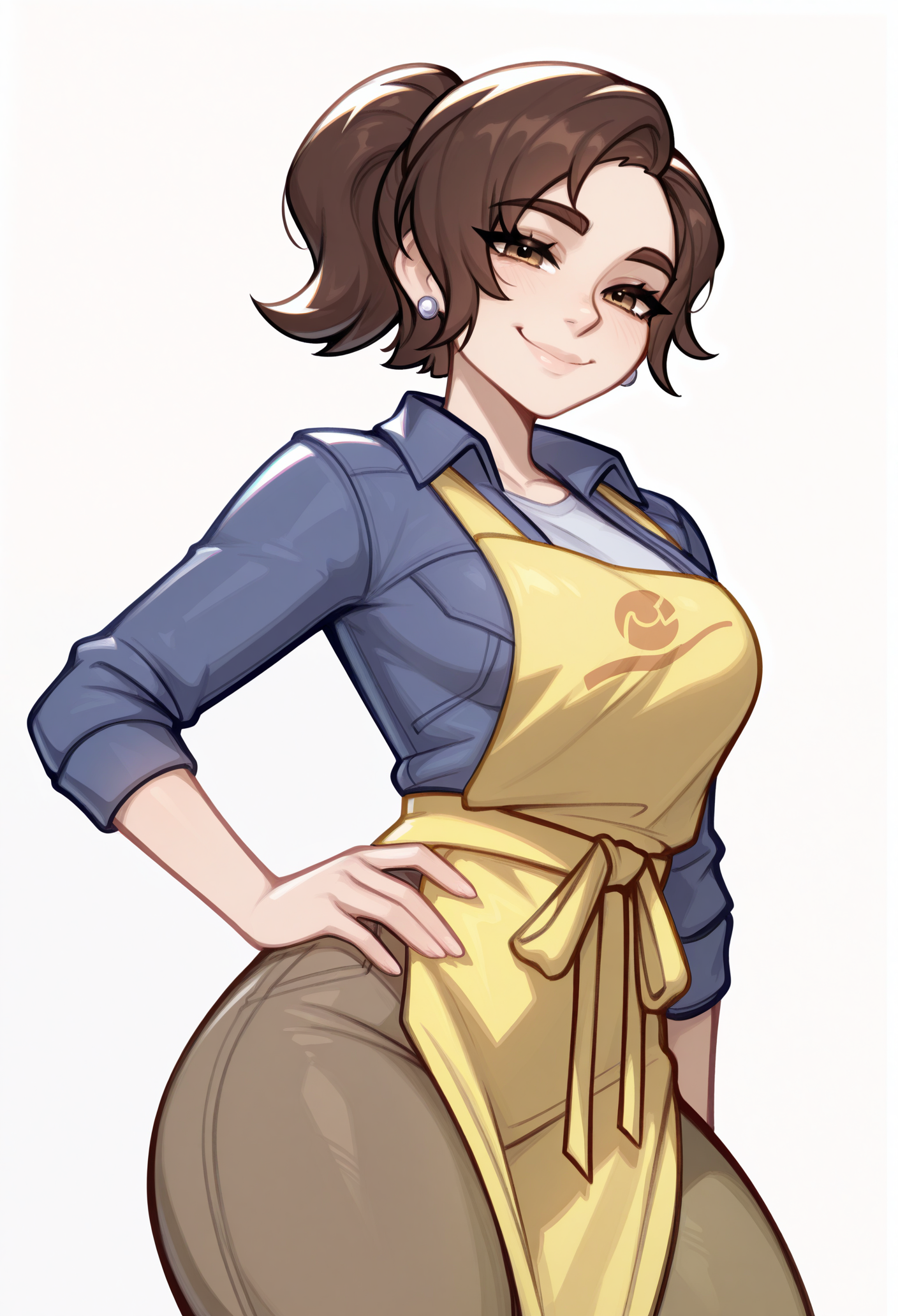 1girl, solo, hand on own hip, looking at viewer, smile, white background, 
brown hair, brown eyes, short hair, ponytail, 
earrings, yellow apron, blue jacket, collared jacket, white shirt, brown pants, 
masterpiece, best quality, <lora:paldea_mother-guy90-Illust-LoraV1:1>, rehlap <lora:Blushyspicy-guy90-IllustriousV101:1> yciblu