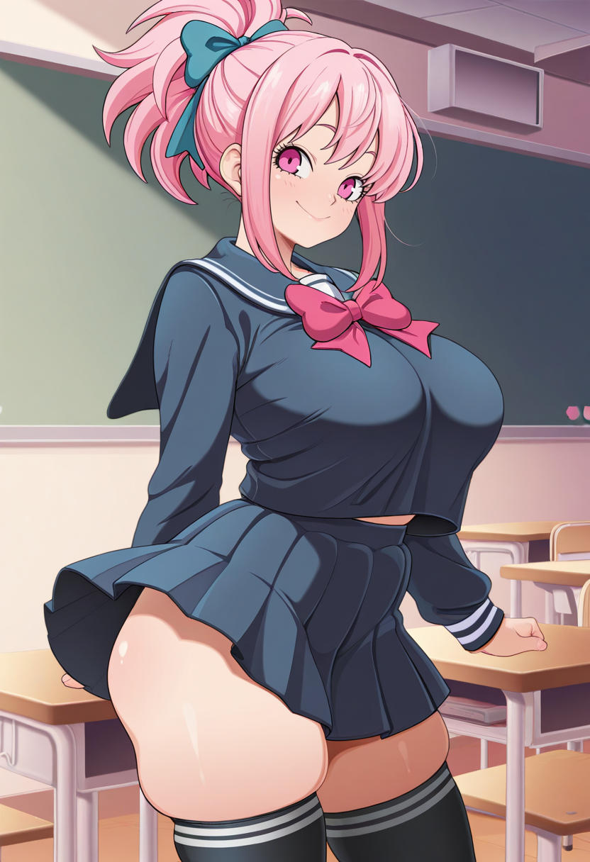 masterpiece, best quality, S4s4k1Nsfw,  <lora:Bunkwizard:1> 1girl, solo,standing,looking at viewer, happy, closed mouth,pink hair, ponytail, pink eyes, large breasts, school uniform, bow, long sleeves, skirt, skindentation, thighhighs, indoors, classroom,