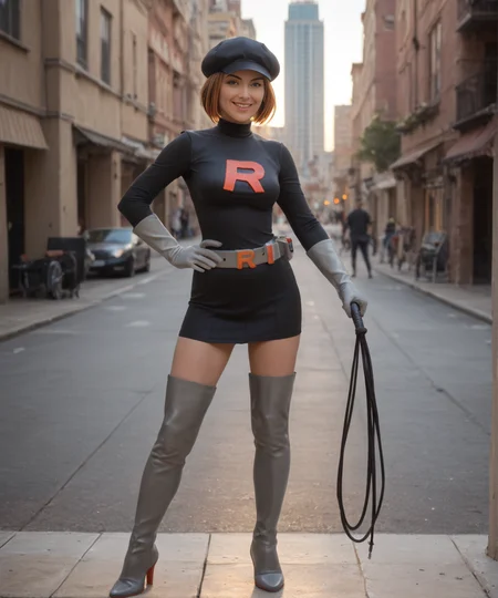 <lora:Female_Team_Rocket_Grunt:0.9> evilyteamrocket, 1girl, hat, gloves, team rocket, thighhighs, grey gloves, boots, belt, team rocket uniform, thigh boots, breasts, skirt, grey belt, grey footwear, very short skirt, cabbie hat, high heel boots, evil grin, whip, holding whip, hand on hip, standing, spread legs, 1other, dragon-type, cat, cat ears, solo, mini wings, pokemon (creature), bound, full body, realistic, photorealistic, score_9, score_8_up, score_7_up, high contrast, film grain, Rim Lighting, masterpiece, best quality, high quality, realistic anatomy, 4k, highres, 8k, detailed skin, detailed face, centered, hyperdetailed, extremely detailed, Ultra-realistic, ultra quality, 8K UHD, photorealism, hyperrealism, attention to details, zPDXL3, break, outdoors, city, modern city, city background