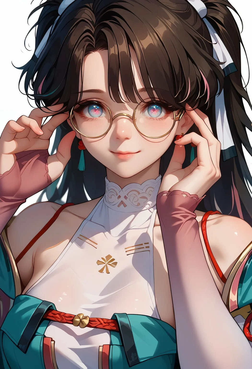 score_9,score_8_up,core_7_up, <lora:zhezhi_wuwa_pdxl_goofy:1> zhezhi-wuwa, 1girl, solo, looking at viewer,,white background, smile, round eyewear, adjusting eyewear,
