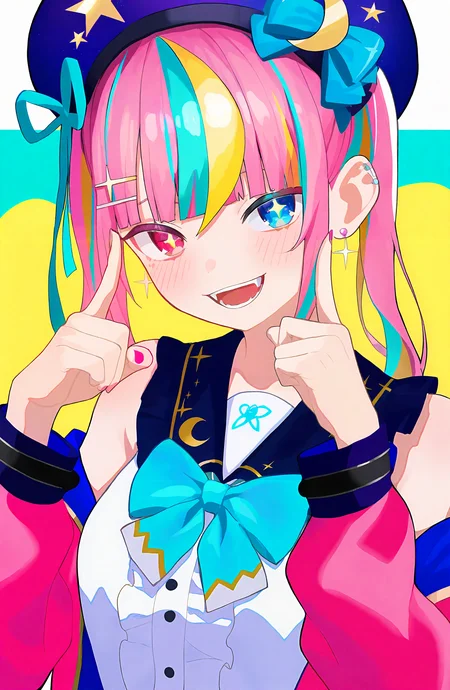 1girl, solo, looking_at_viewer, blush, smile, open_mouth, blue_eyes, shirt, blonde_hair, hair_ornament, hat, bow, jewelry, twintails, blue_hair, jacket, upper_body, pink_hair, multicolored_hair, earrings, frills, sleeveless, virtual_youtuber, bowtie, blunt_bangs, pink_eyes, star_\(symbol\), streaked_hair, heterochromia, blue_bow, beret, crescent, pink_nails, center_frills
