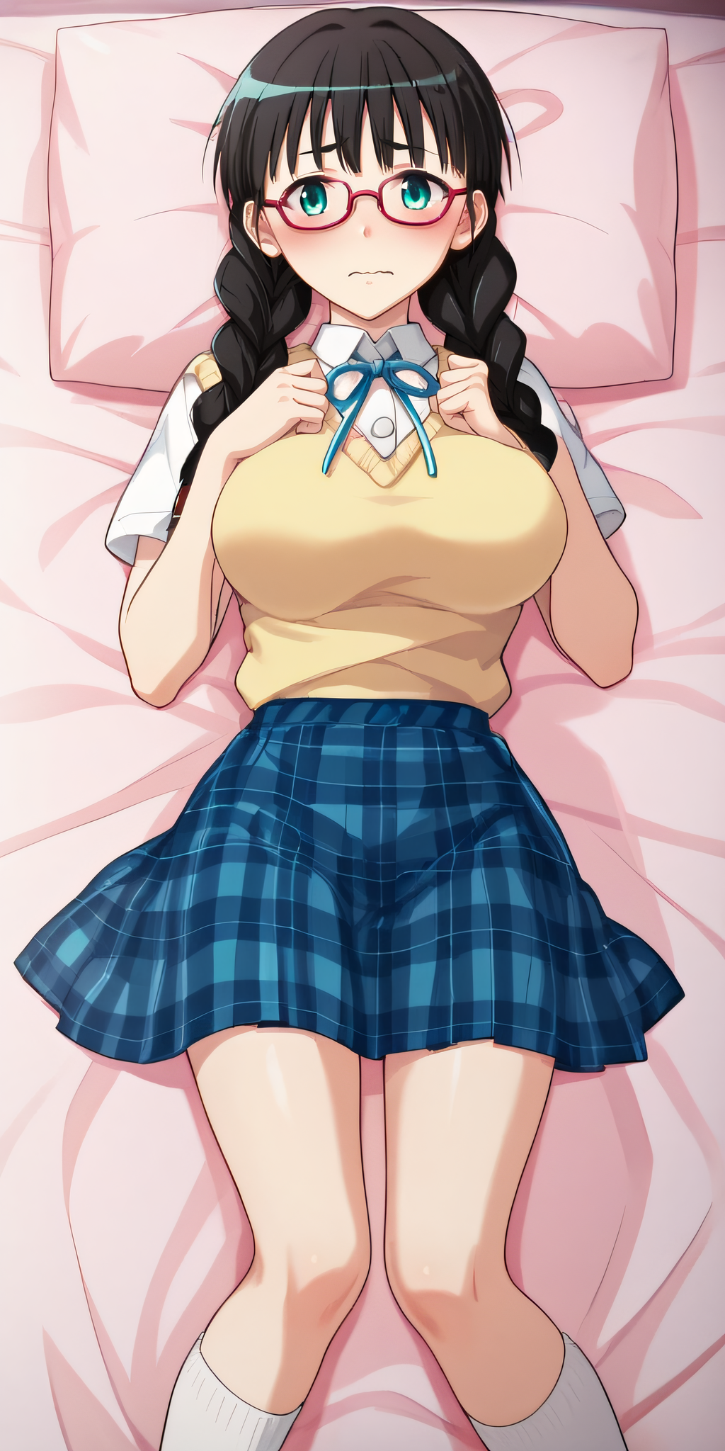 score_9, score_8_up, score_7_up, source_anime, rating_safe, intricate details, anime screencap, official style, 1girl, solo, <lora:PONY_Megumi_v2:1>, megumi, black hair, aqua eyes, glasses, red-framed eyewear, large breasts, white shirt, short sleeves, yellow sweater vest, blue skirt, plaid skirt, thighs, white socks, feet, looking at viewer, indoor, upper body, blush, wavy mouth, closed mouth, lying on bed, full body, hands up