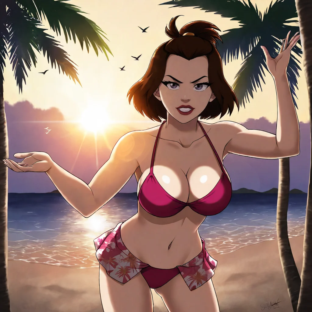 <lora:SukiAvatar_pony_v2:.7> SukiSwimsuit, 1girl, brown hair, lipstick, makeup, short hair, breasts, cowboy shot,, wearing a bikini, wearing a floral pattern skirt, at a tropical beach, (sunlight), palm trees, flying birds, radiant light, ray tracing, optical flare, sunglare, perfect face, perfect eyes, sharp focus, big breasts