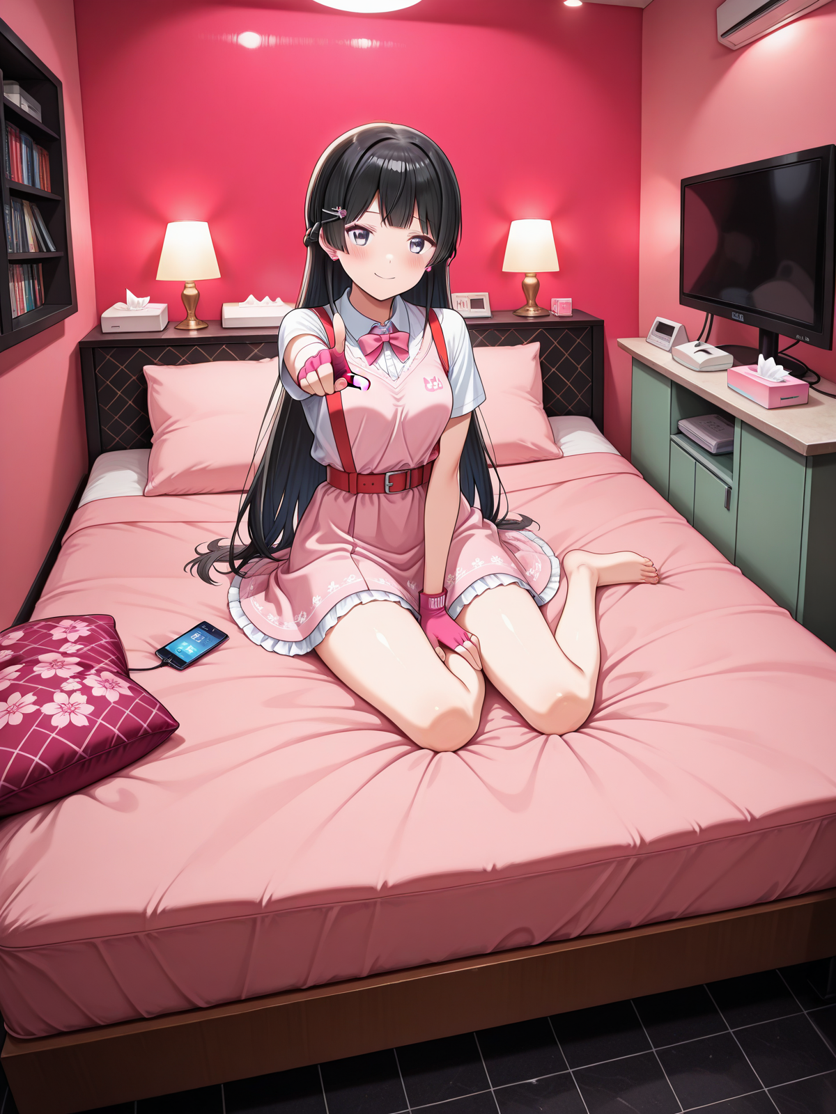 1girl, 
tsukino mito, 

amazing quality, highest score, 16k, 8k, 4k, aidmaimageupgrader, illustriousanime, nijimito, medium breasts, blue eyes, (black hair:1.3), long hair, french braid, (hair pin:1.3), blush, lovehotel, couch, indoors, pillow, scenery, lamp, carpet, bed, love hotel, blanket, LHbedpanel, glowing, phone, tissue box, ceiling light, table, pink light, neon light, Redroom, leather wall, Red pillow, leather pillow, braid, breasts,

score_9, score_8_up, score_7_up, source_anime, masterpiece, best quality, very aesthetic, absurdres, explicit