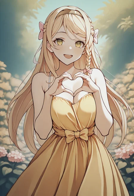 masterpiece, best quality, 1girl, solo, KlaudiaValentz, long hair, side braid, hairband, hair bow, white bow, pink bow, yellow sundress, spaghetti strap, smile, open mouth, heart hands, looking at viewer, outdoors, garden, flower, <lora:ChamKlaudiaValentzIllustriousXL:1>