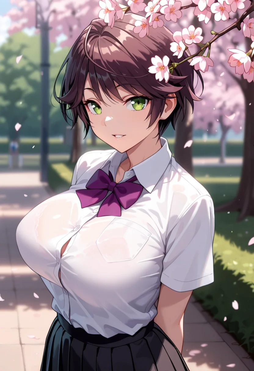 masterpiece, best quality, amazing quality,eira kishida, green eyes, brown hair, short hair, mature female, 1girl, breasts,large breasts,solo,school uniform,pleated skirt,white shirt, black skirt, purple bow,short sleeves, parted lips, light smile, standing, looking at viewer, cowboy shot, blurry background, outdoors, school, cherry blossoms<lora:eira kishidaV1:1>