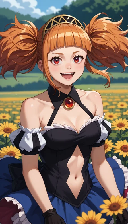 score_7, score_7_up, score_9, score_ 9_up, looking at viewer, flower field, smile, happy, open mouth, teeth,
<lora:Hlokk :1>, Hlokk , 1girl, twintails,orange hair, blunt bangs, long hair, black gloves, medium breasts, navel cutout, cleavage, hairband, detached sleeves, dress, clothing cutout, red eyes, bare shoulders, blue ouftit ,