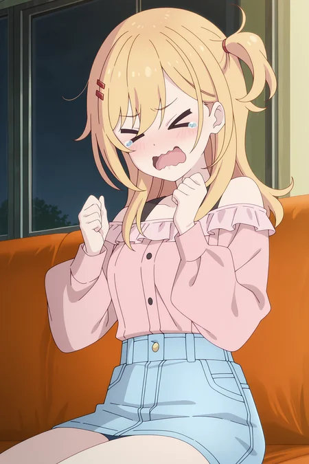 volumetric lighting, official style, amazing quality, ultra detailed, highres, detailed background, anime screenshot, anime screencap, anime coloring, masterpiece, detailed face,1girl <lora:nana_hoshi__-20:0.9>nana_hoshi, nana_hoshi(outfit 1), blonde hair, pink off-shoulder shirt, long hair, long sleeves, off shoulder, solo, denim skirt, hair ornament, one side up, bangs, bare shoulders, indoors, sitting, closed eyes, open mouth, wavy mouth, >_<, tears, hands up, couch
