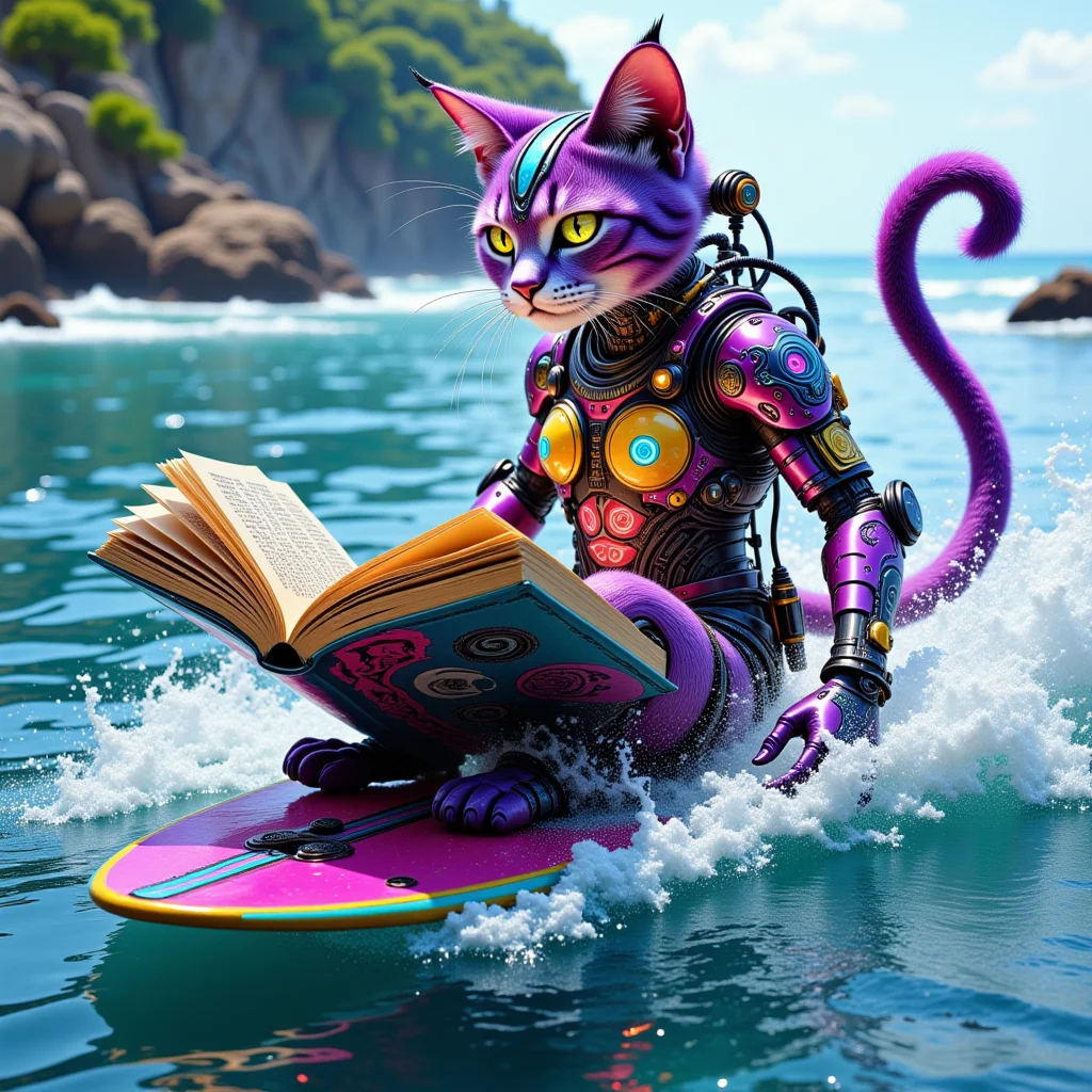 A whimsical cyberpunk cheshire cat gracefully riding the waves on a colorful surfboard, deeply engrossed in an enchanting book, surrounded by a vibrant ocean scenery.