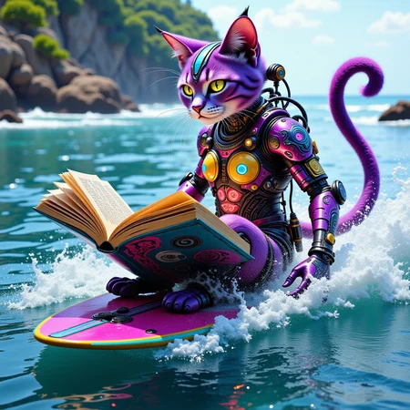 A whimsical cyberpunk cheshire cat gracefully riding the waves on a colorful surfboard, deeply engrossed in an enchanting book, surrounded by a vibrant ocean scenery.