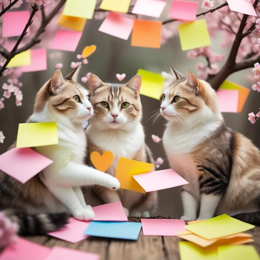 masterpiece, best quality, absurdres, cats made of sticky notes sitting on a tree branch, facing each other in an intimate and harmonious pose. They are surrounded by delicate, blooming branches with small flowers, adding a serene and romantic atmosphere. The background is softly blurred, focusing the viewer's attention on the cats and their interaction. The lighting is soft, emphasizing the texture of their fur and the gentle ambiance of the scene. pink heart in front of them, Jed-StickyN