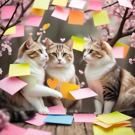masterpiece, best quality, absurdres, cats made of sticky notes sitting on a tree branch, facing each other in an intimate and harmonious pose. They are surrounded by delicate, blooming branches with small flowers, adding a serene and romantic atmosphere. The background is softly blurred, focusing the viewer's attention on the cats and their interaction. The lighting is soft, emphasizing the texture of their fur and the gentle ambiance of the scene. pink heart in front of them, Jed-StickyN