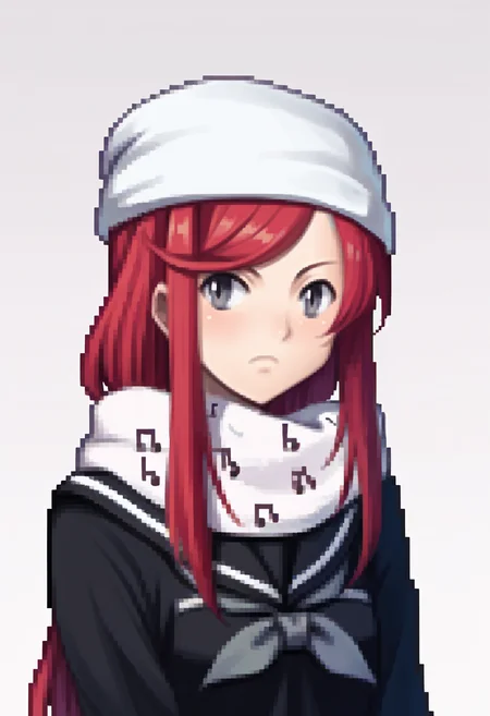 score_9, score_8_up, score_7_up, source_anime, BREAK, solo, 1girl, <lora:zs_FEDSPortraitsXL:1>, fedsportraits, portrait, white background, <lora:Airiban-pdxl_Fp:1>, airiban, red hair, grey eyes, long hair, white beanie, school uniform, black serafuku, scarf, musical note print,