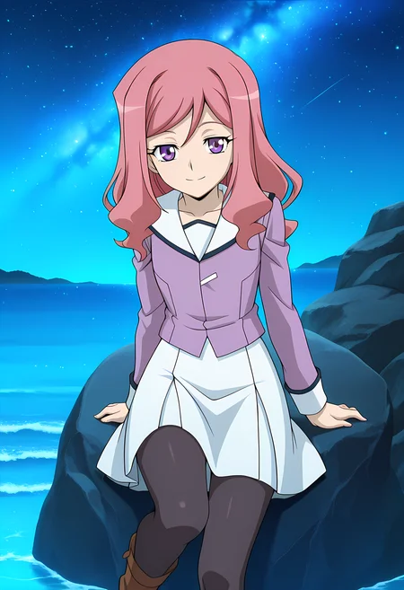 masterpiece,best quality,amazing quality,
solo,
Kumi Okazaki (Cardfight Vanguard), long hair, pink hair, purple eyes,
school uniform, purple shirt, serafuku, white sailor collar, long sleeves, white skirt, black pantyhose, brown footwear,
looking at viewer, smile,
lying, Leaning back on rock,
cinematic,
bloom, night, at beach, starry sky, galaxy sky, glowing blue ocean waves, blue light,
Official style, anime screencap, anime coloring,