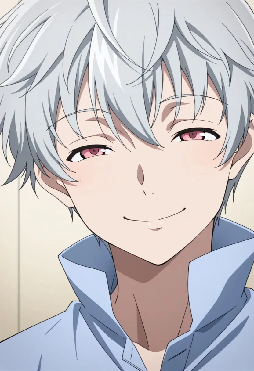 masterpiece,best quality,amazing quality, source_anime,
aruakise, 1boy, male focus, solo, pink eyes, grey hair, shirt, blue shirt, high collar, smile, closed eyes, happy, looking at viewer,