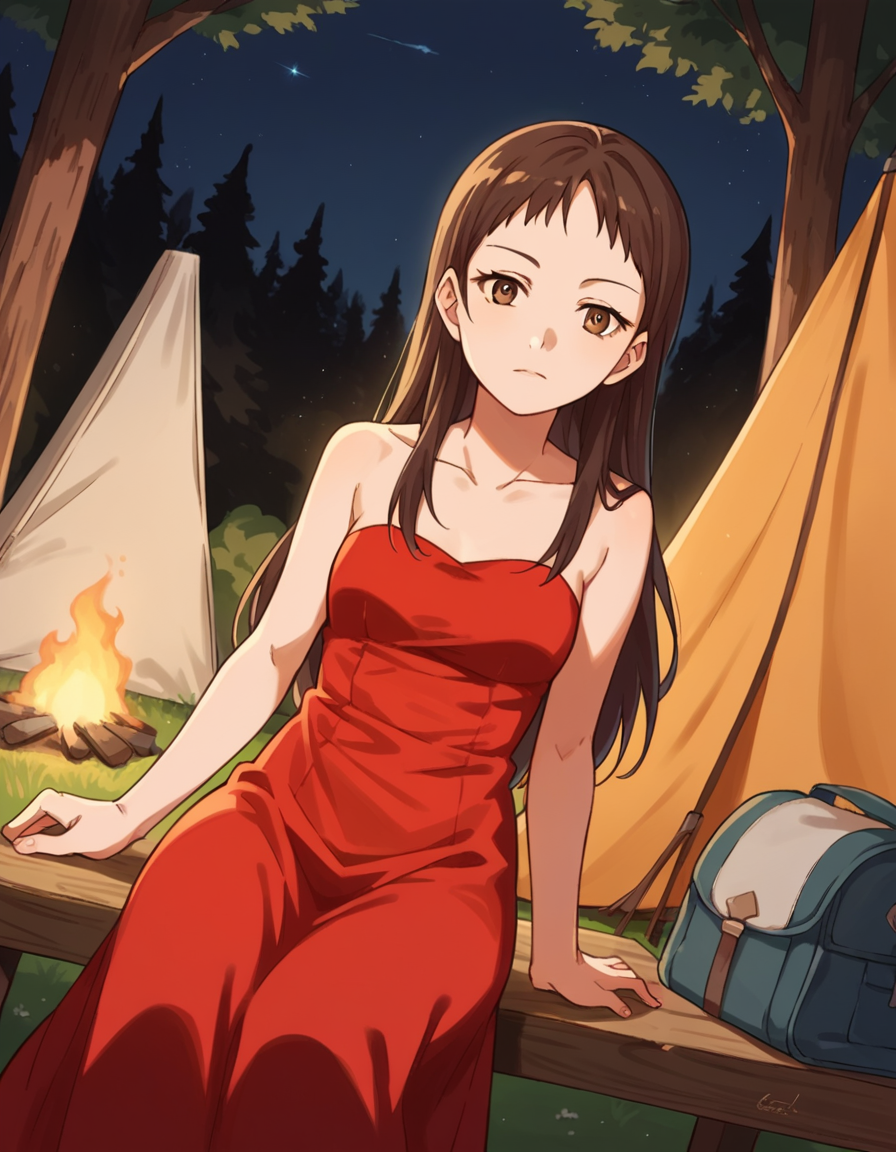 score_9, score_8_up, score_7_up, source_anime, <lora:emi-igawa-s1-ponyxl-lora-nochekaiser:1>,, emi igawa, long hair, brown eyes,, dress, red dress, collarbone, bare shoulders,, camping, bonfire, tent, stargazing, marshmallows, forest clearing, night, , looking at viewer, arm resting on table, solo,, cowboy shot, dutch angle