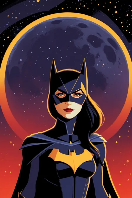 concept poster art batwoman (cassandra cain), full body portrait at twinkling starry nights with a full moon casting a magical glow <lora:tomWhalen-xl:1>. digital artwork by tom whalen, bold lines, vibrant, saturated colors